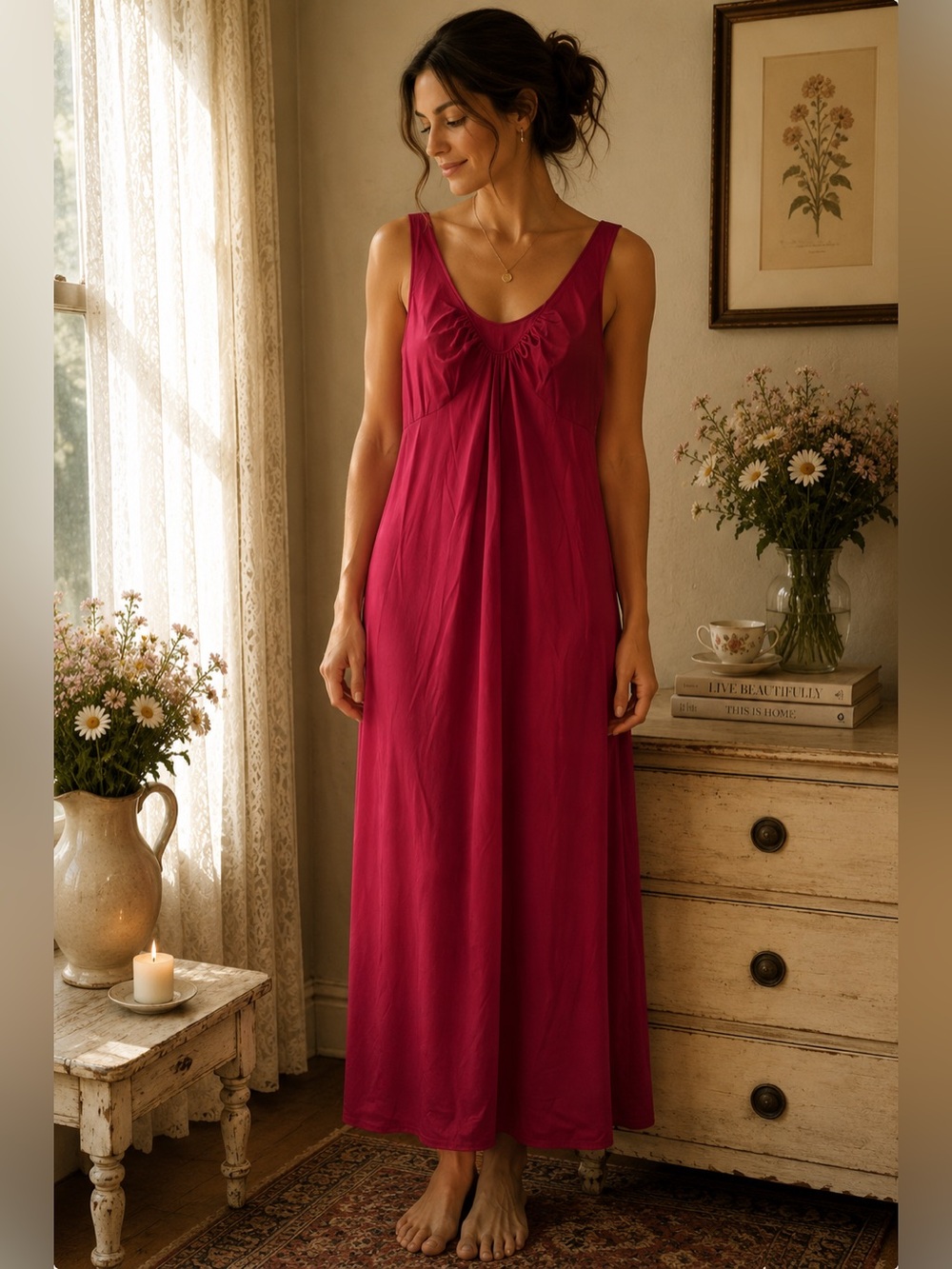 VINTAGE 70s Shadowline Slinky Maxi Nightgown - Liquid Satin Slip Dress - Medium